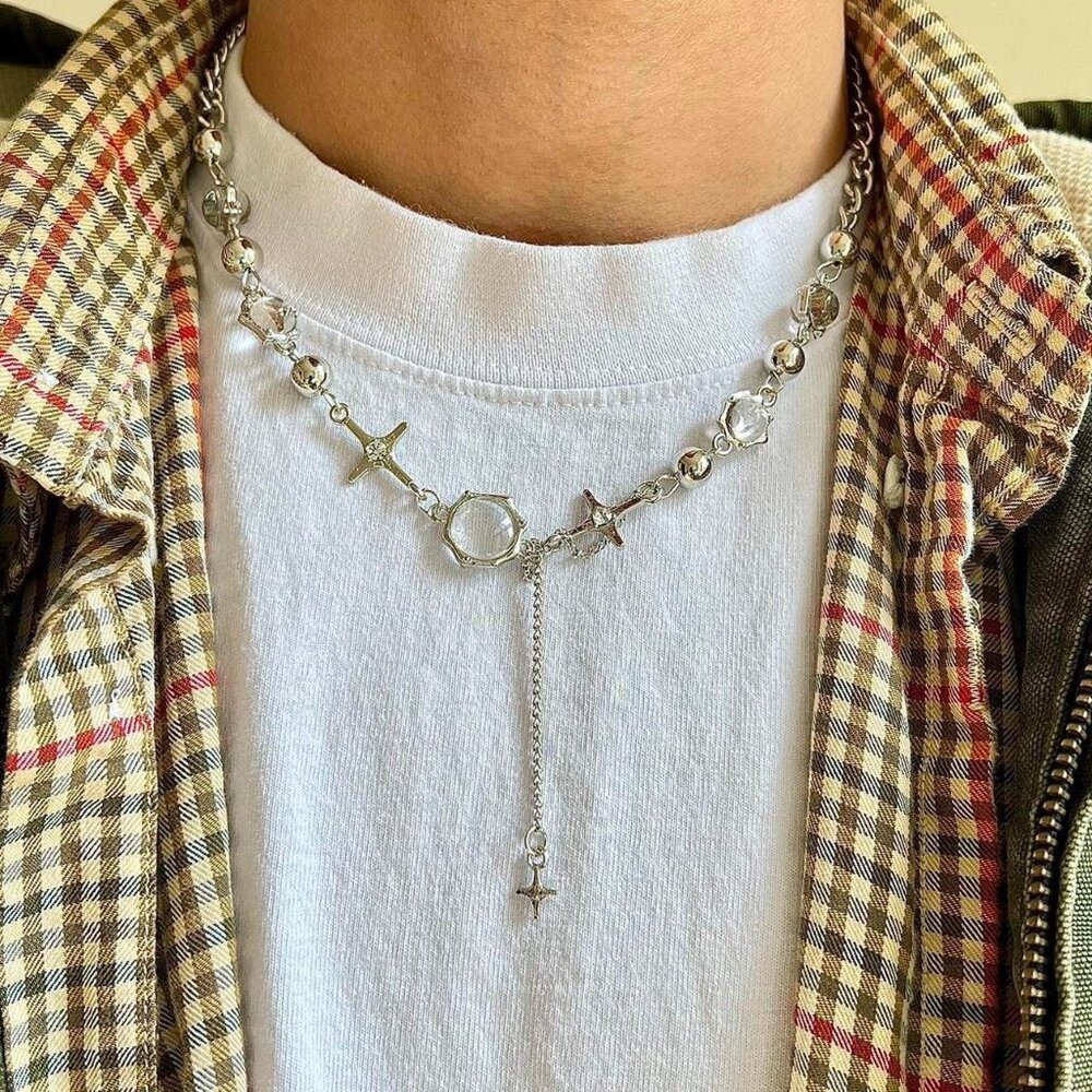 y2k chrome crystal orb pendant choker necklace